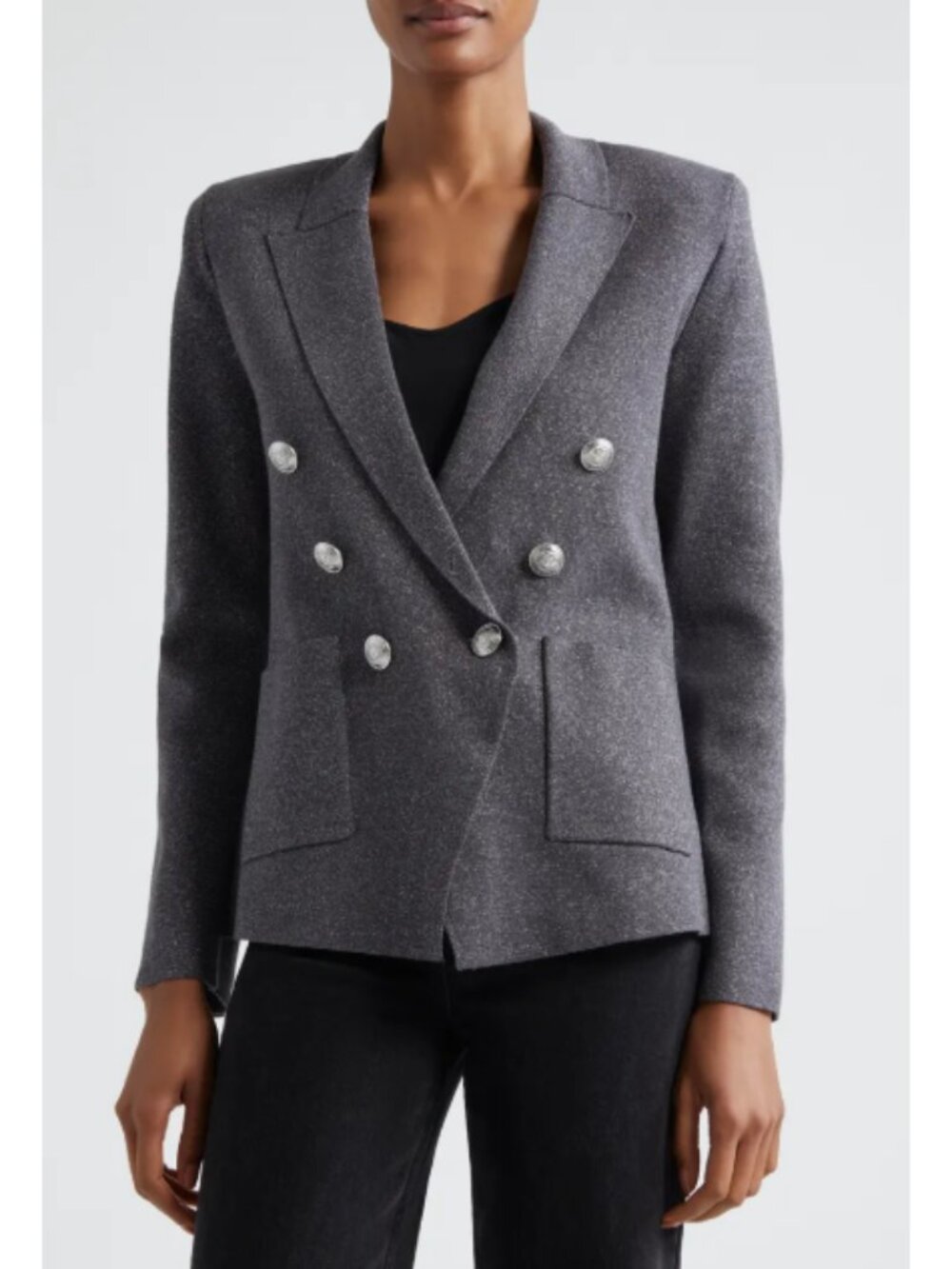 L'AGENCE 'Kenzie' Double-Breasted Metallic-Knit Blazer, Shadow Grey/Silver